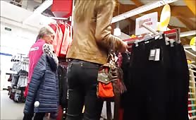 cum on girl butt in  sportshop in public